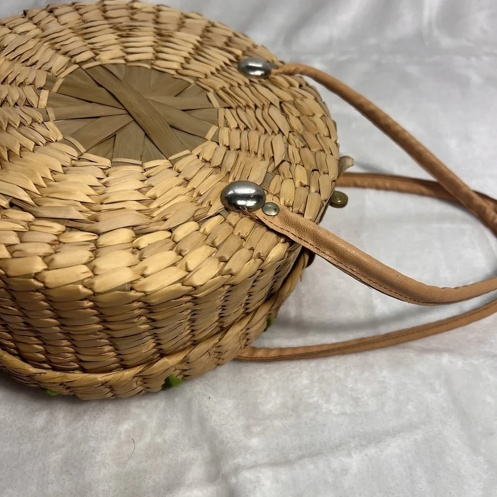 Vintage 1960s Round Straw Purse Floral Raffia Handbag Resort Cruise Bag